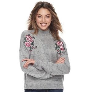 Juniors' Cloud Chaser Embroidered Floral Butterfly Mockneck Sweater Size XL